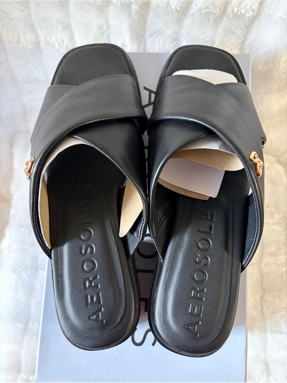 New Aerosoles Duane, Black, Crisscross Slide Mules with Gold Accent, Boxed, 8.5W